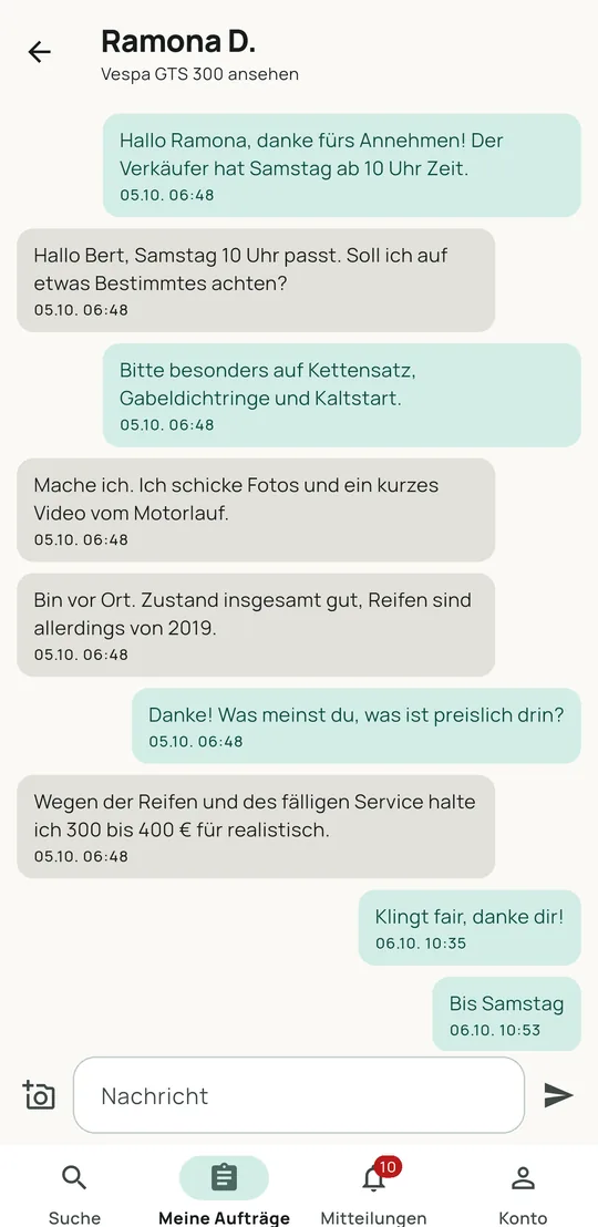 Der Chat in der App lookilooki zwischen Auftraggeber und Stellvertreter