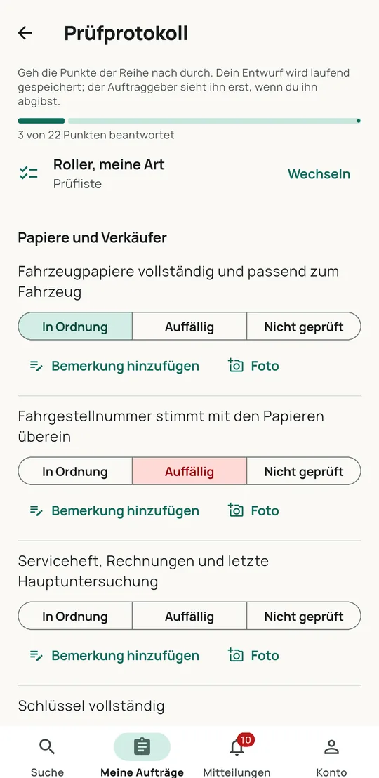 Das Prüfprotokoll in der App lookilooki: Prüfpunkte mit „In Ordnung“, „Auffällig“ und Foto