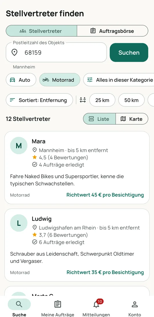Die Suche in der App lookilooki: Stellvertreter in der Nähe mit Bewertungen und Richtpreis
